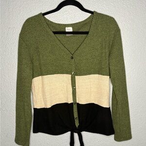 No Boundaries Olive, Cream, and Black Tie-Front Cardigan